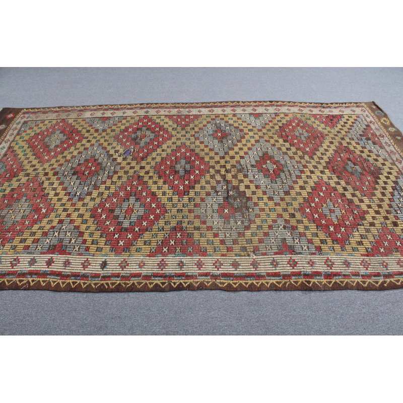 Grand tapis kilim turc vintage en laine jaune vif avec motif de broderie complexe