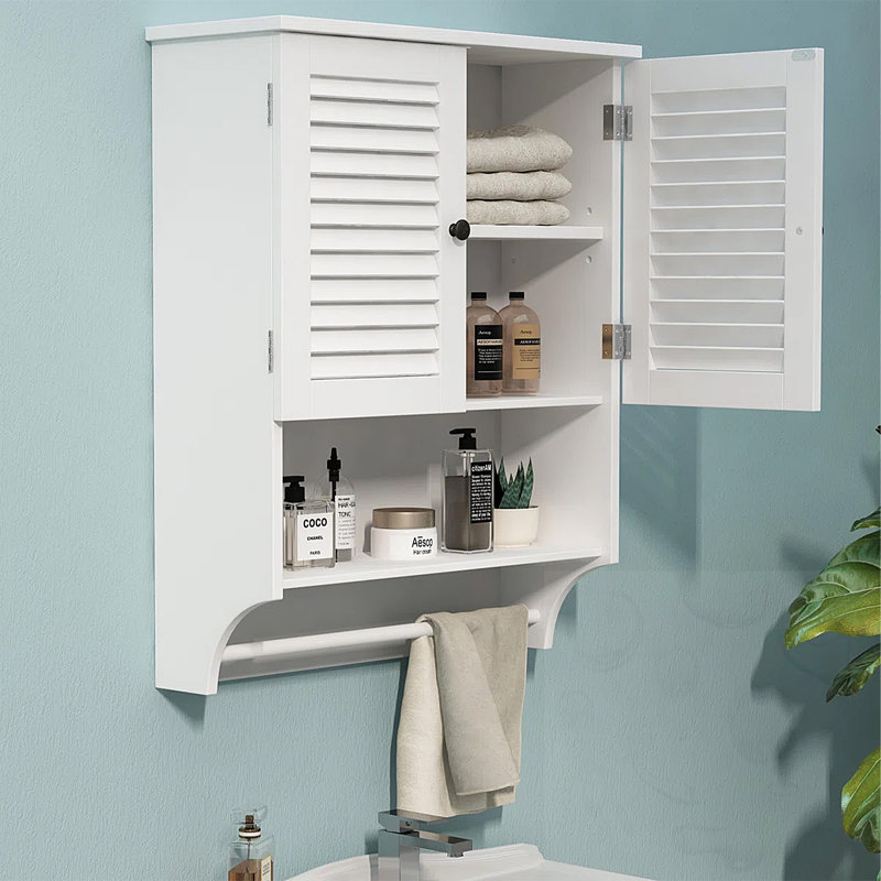 Armoire de salle de bain murale avec portes à persiennes, tablettes réglables et barre à serviettes, Blanc