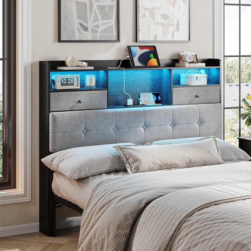 Tête de lit avec prises, ports USB et lumière DEL, Double, Noir/gris