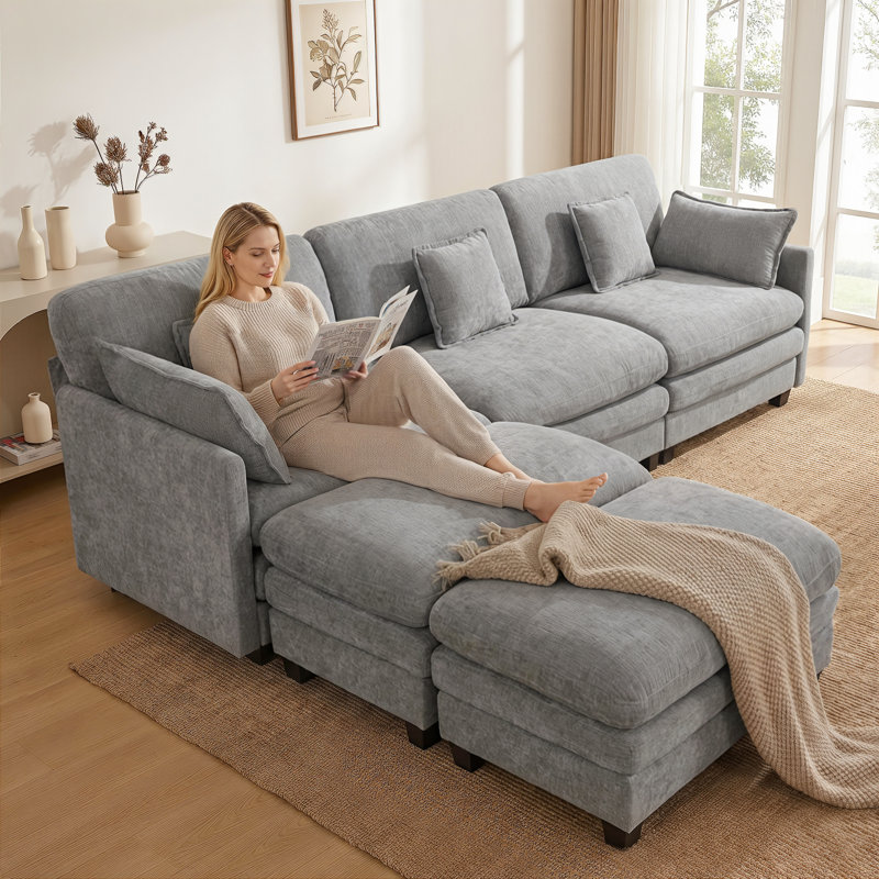 Canapé modulaire de 111,8 po, canapé 3 places en L avec 2 repose-pieds réversibles, Gris, 3 places avec 2 repose-pieds