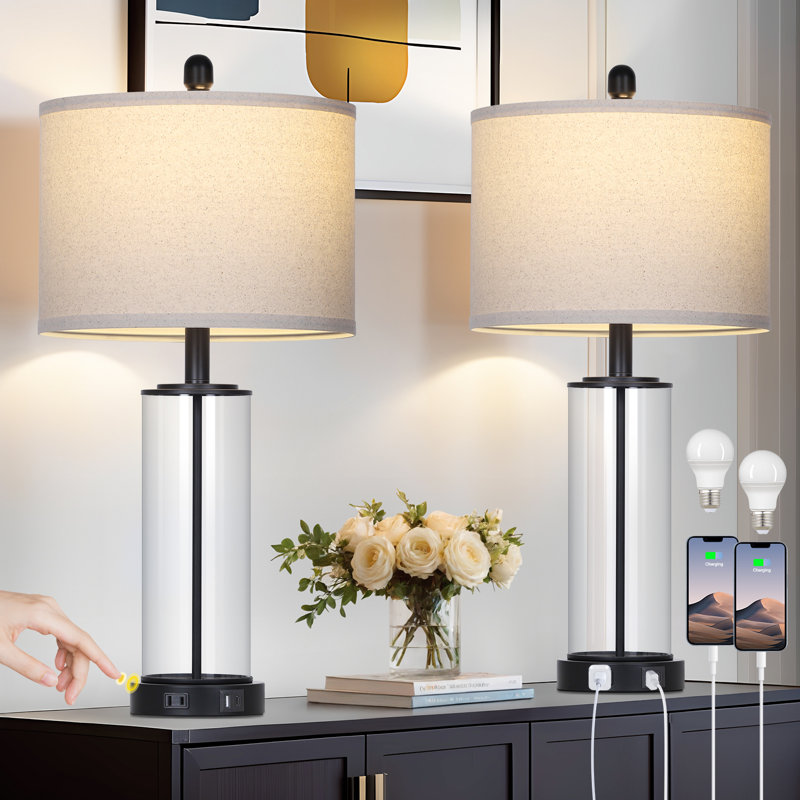 26” Modern Glass Touch Control Table Lamps with Dual USB Ports, Black/Clear, Beige