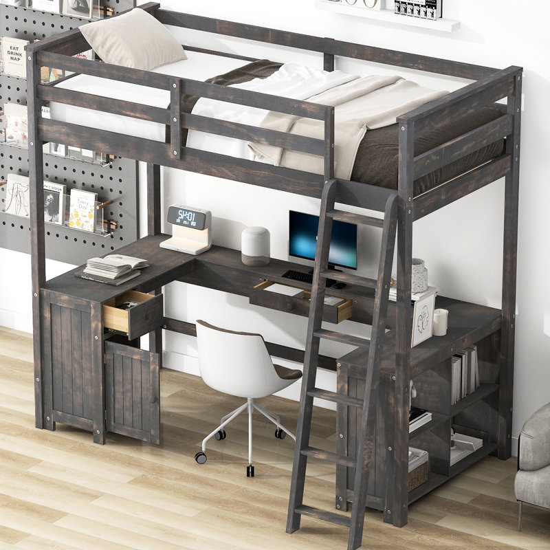 Lit mezzanine simple avec bureau en U, tiroirs et boîtes de rangement brun antique