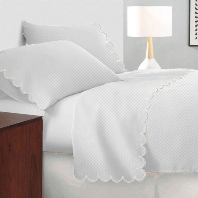 Allena 400TC Cotton Scallop Embroidery Sateen Microcheck Cotton 4 Piece Sheet Set Fitted Sheet Fits Upto 16" Deep Pocket