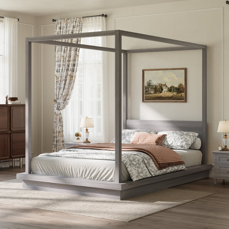 Lit plateforme à baldaquin en bois avec tête de lit, design intemporel pour les chambres élégantes, Queen, Gris