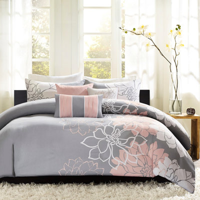 Ensemble de literie 6 pièces pour très grand / très grand lit, housse de couette en coton à imprimé floral, coussins brodés, housse de couette intérieure, lavable à la machine, choix multicolores gris / pêche, gris taupe / mauve, gris / jaune très grand 6