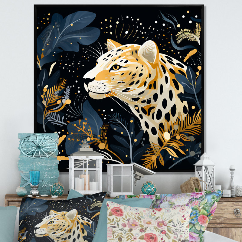 Collage de léopard jaune et bleu I - art mural léopard / guépard, Cadre flottant noir, H 16 po x l 16 po x P 1 po