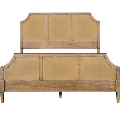 Queen Size Platform Bed With Woven Cane Detailing - Solid Wood Frame Modern Look Panels Strong Construction Bedroom Style Furniture