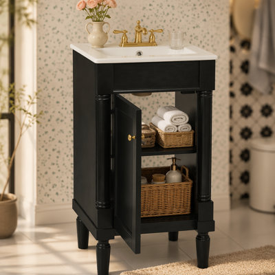 Armoire de salle de bain de style français 18 po avec rangement, solution pour petit espace avec lavabo en céramique, tablette réglable, charnières à fermeture en douceur