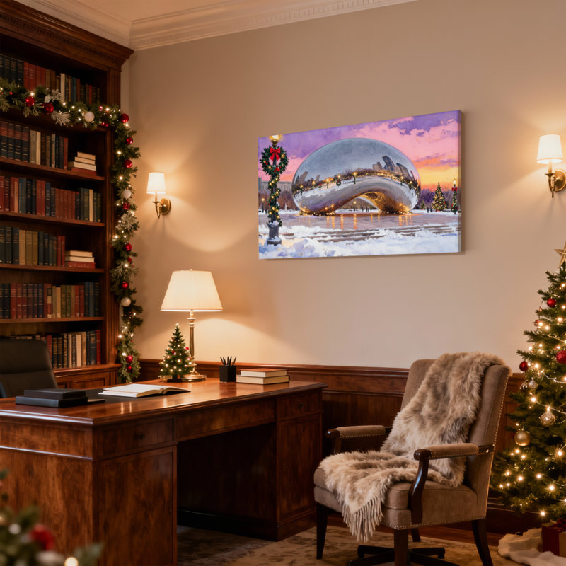 «Christmas Chicago Bean Christmas Snow Sunset Reflection», ensemble de 3 impressions sur toile, H 12 po x l 18 po