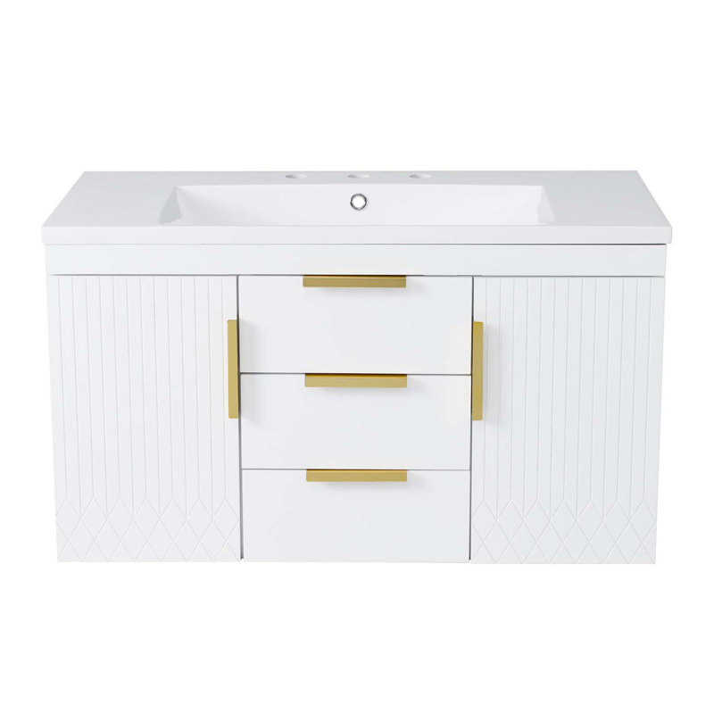 Meuble-lavabo mural avec lavabo en résine, armoire de rangement flottante avec 2 tiroirs, armoire d'appoint, Blanc