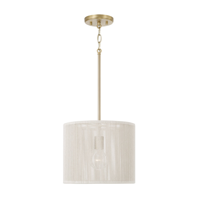 12" W x 10" H 1-Light Handcrafted Drum Pendant in Matte Brass with Hand-wrapped Bleached Natural Rope, 12"W x 10"H