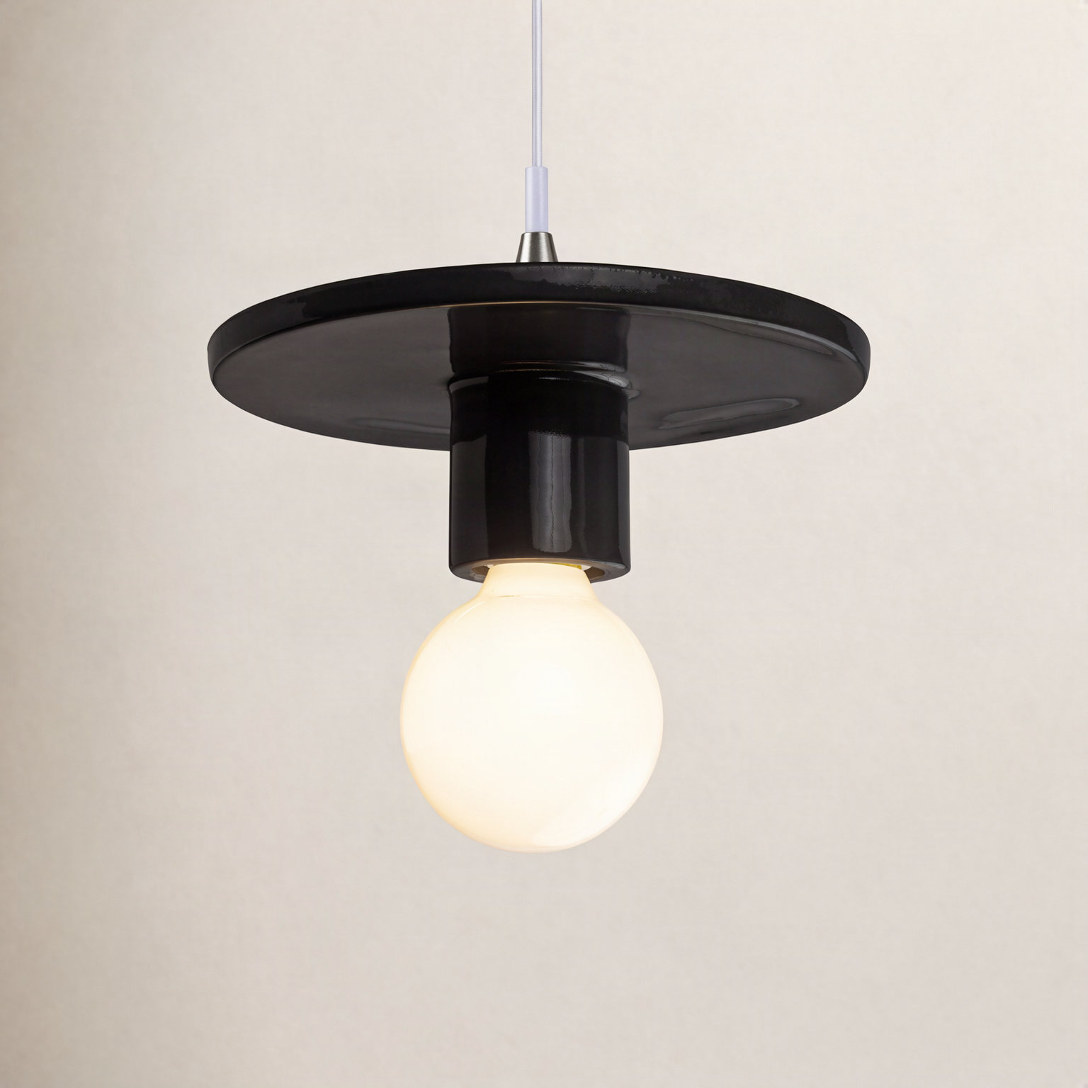 Leni Single Light Ceramic Dimmable Pendant, Gloss Black, Brushed Nickel