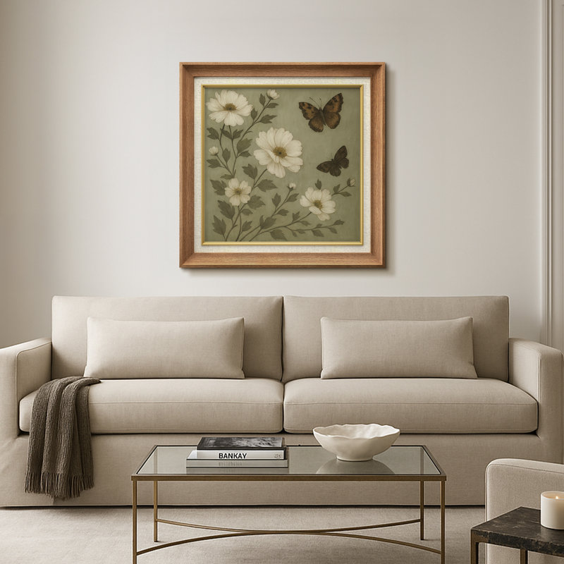 Fleurs blanches avec papillons bruns - impression d'art encadrée sur papier, Cadre naturel de qualité supérieure