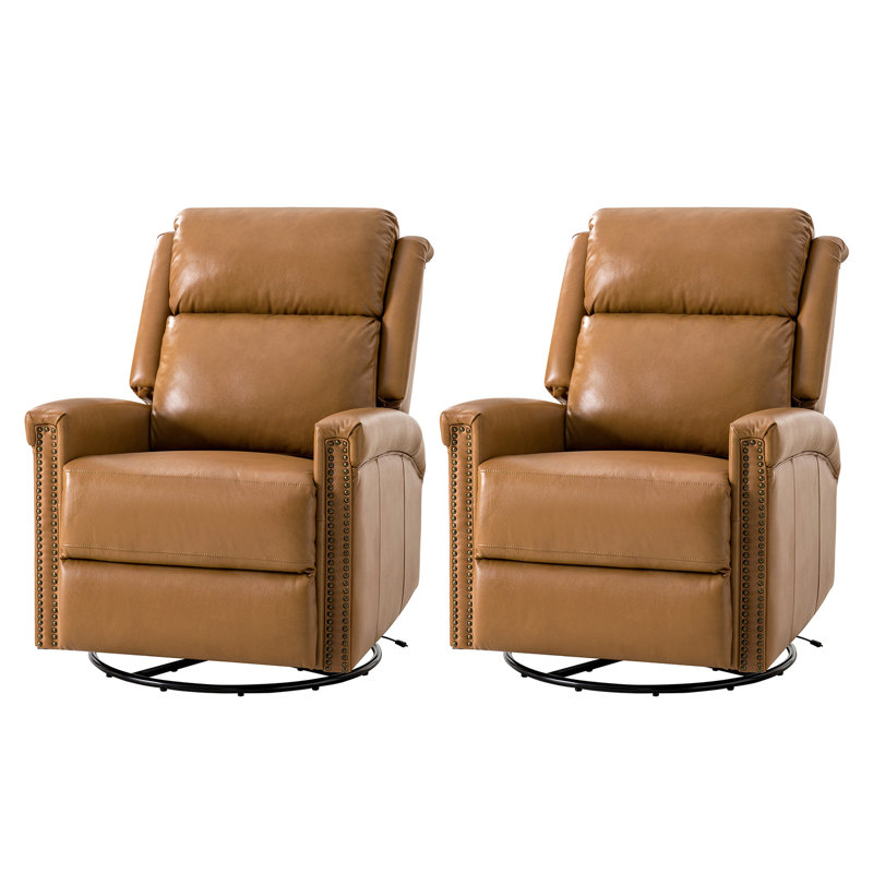 Elina Transitional Genuine Leather Dual Motor Power Swivel Rocker Recliner with Adjustable Headrest, Camel