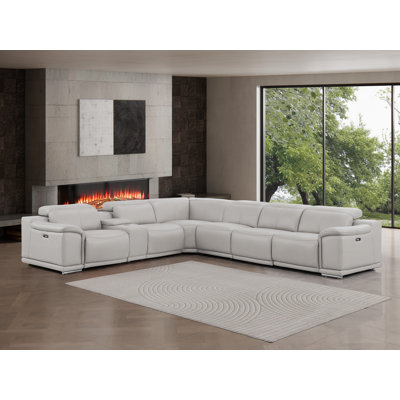 7-Piece L-Shaped Power Reclining Sectional In Genuine Leather – 3 Recliners