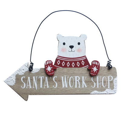 Polar Bear Santa's Work Shop Wooden Arrow Plaque