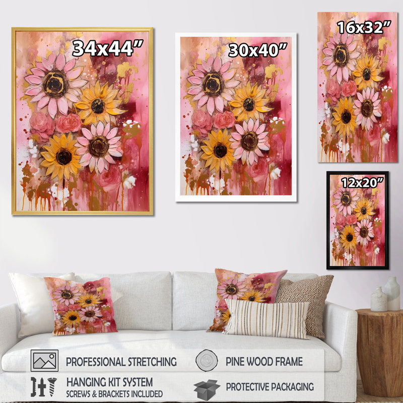 Tournesol jaune et jaune doré sur toile, H 44 po x l 34 po x P 1,5 po, Cadre photo argenté