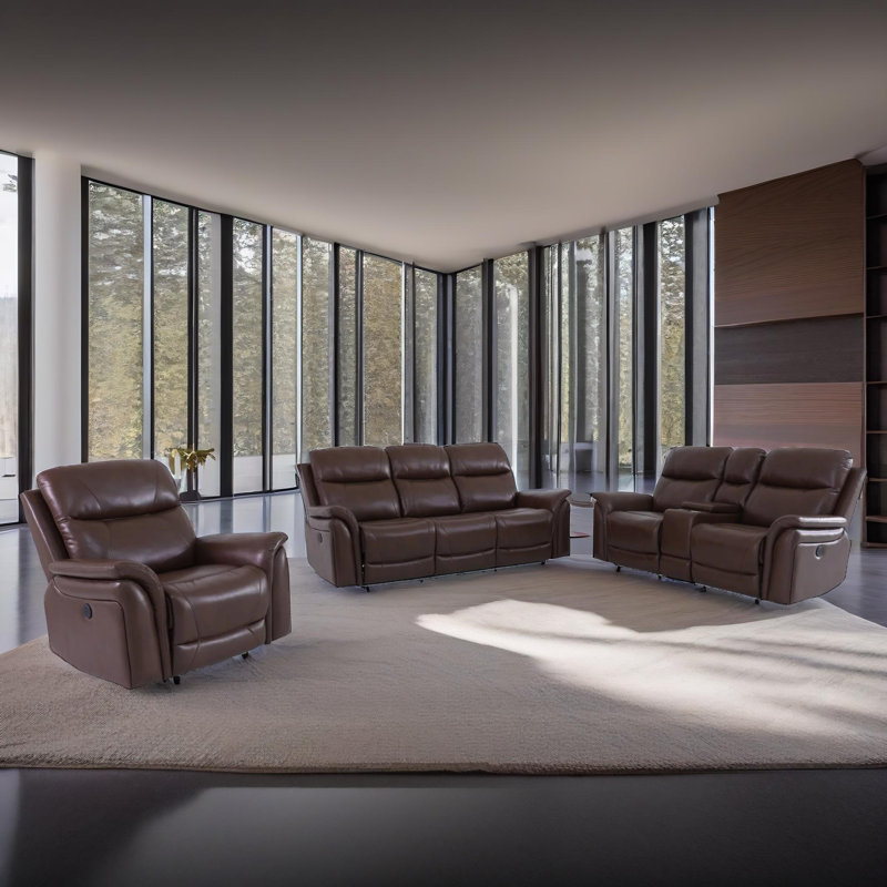 Chester Reddish Brown Vegan Leather 3-Pieces Reclining  Sectioanal Living Room Sofa Set With Cup-Holders ,Wireless Charging And LED Lights