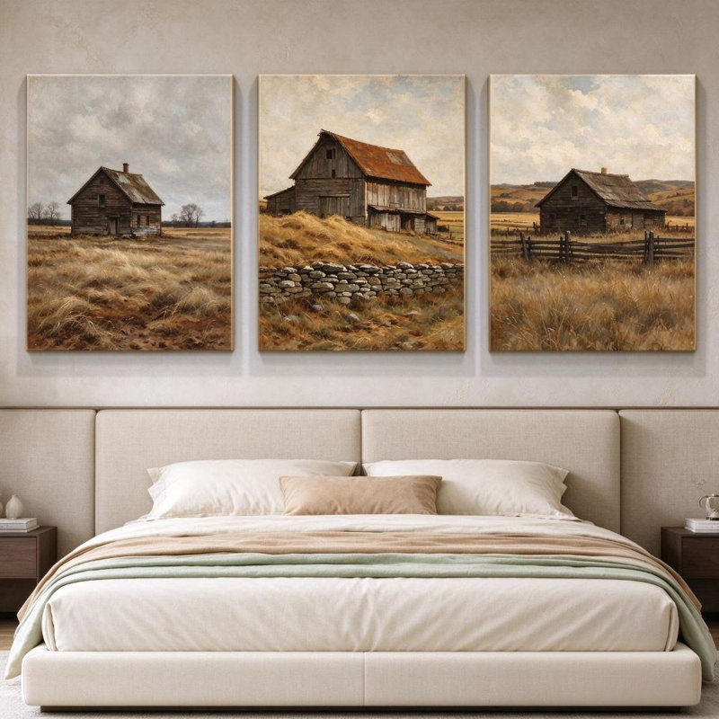 «Rustic Farmhouse Landscape», art mural 3 pièces sur toile tendue, H 18 po x l 36 po