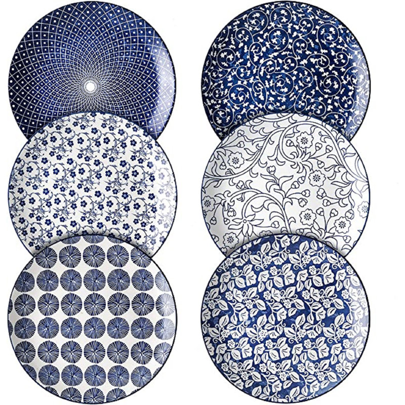 Ensemble de bols à salade en céramique, assiettes à pâtes bleues et blanches de 6,8 pouces (8 pouces x 6 pièces)