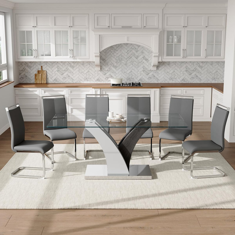 Ensemble de table de salle à manger 71 po pour 8 personnes, ensemble de table de salle à manger en verre avec plateau en verre trempé et chaises en cuir synthétique