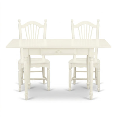 Ensemble de salle à manger rectangulaire en bois dur asiatique blanc lin avec abattant et 2 chaises à assise en bois, 2 tiroirs