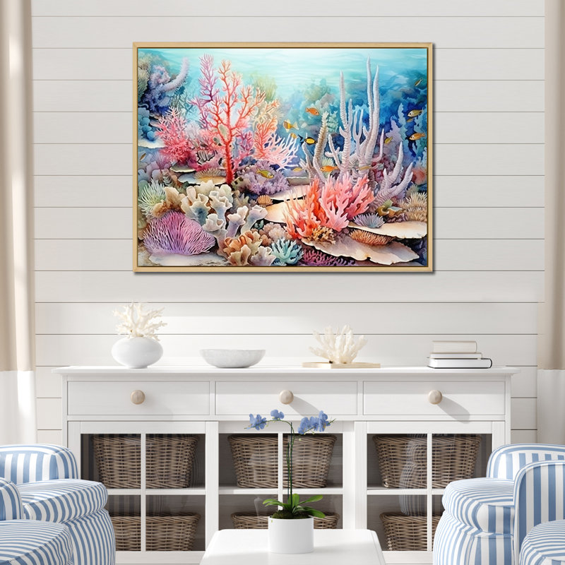 Rose et bleu sous l'eau, corail Wold I - art mural corail sous l'eau, H 34 po x l 44 po x P 1,5 po, Cadre naturel flottant