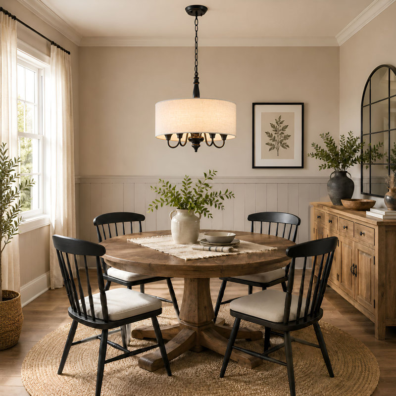 5 - Light Dimmable Drum Chandelier with Linen Shade and Adjustable Chain, Matte Black