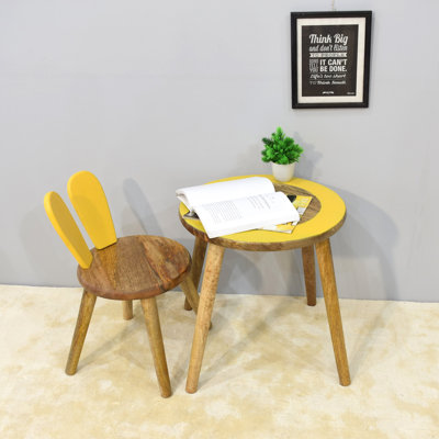 Handmade 100% Mango Wood Kids Round Shaped Rabbit Theme Indoor Table & Chair by Zoomie Kids