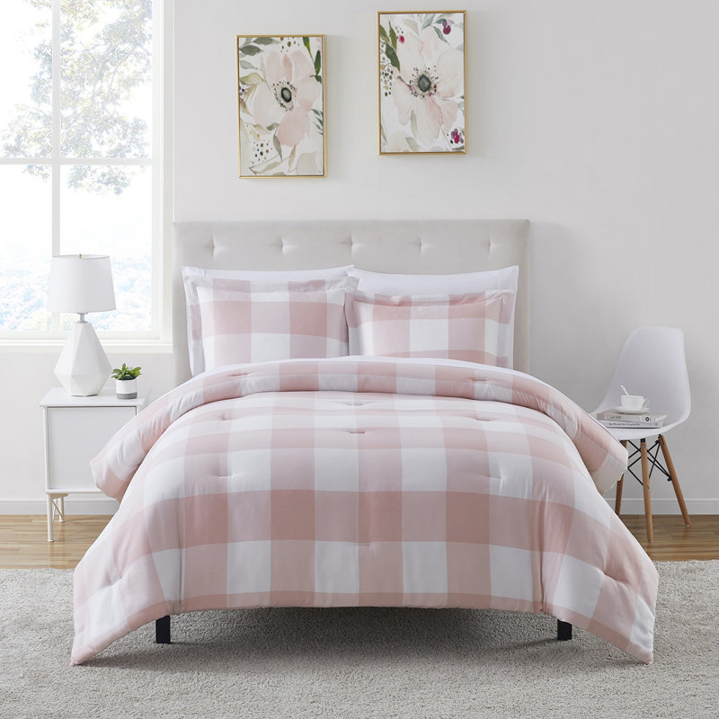 Herringbone Weave Buffalo Check Bed in a Bag Comforter & Sheet Set, Twin Comforter + 4 Additional Pieces, Blush