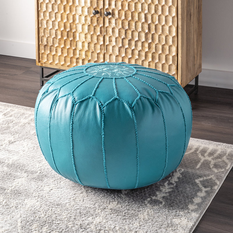 Faux Leather Pouf, Blue Faux Leather