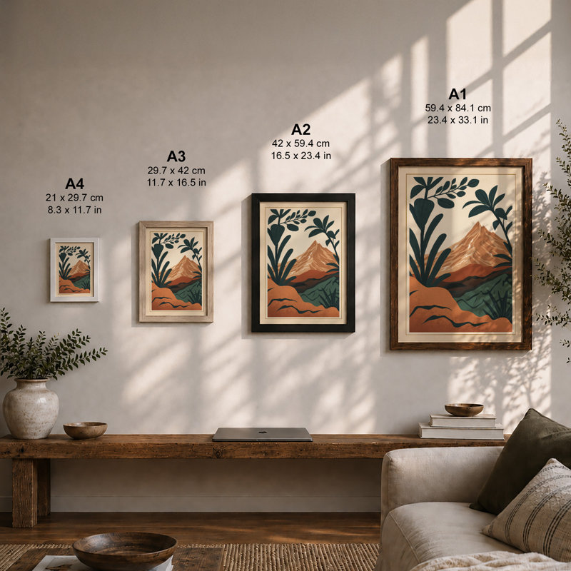 Mountain Framed In Palms Art Deco - Print, Walnut, A3 - 42.0 x 29.7 cm