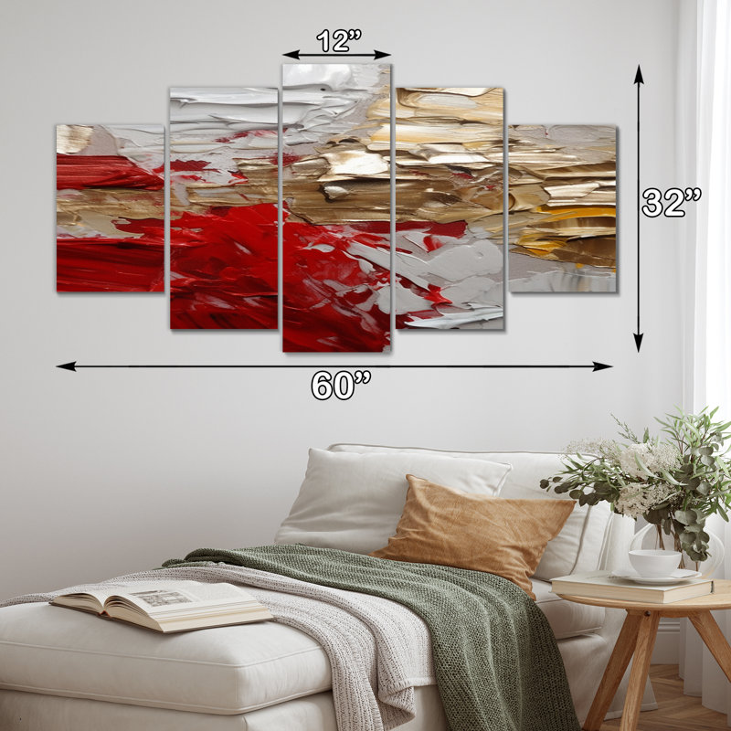«Cardinal Sin Retro Delight Abstract Red & Gold», reproduction d'art abstrait - 5 panneaux
