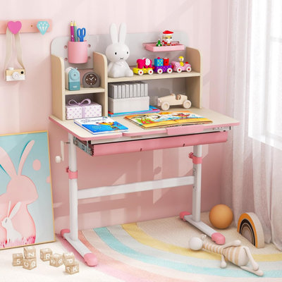Bureau d'étude réglable en hauteur pour enfants, bureau en bois rose avec plateau inclinable, tiroir et tablette de rangement, poste de travail ergonomique pour enfants, adolescents et espaces créatifs