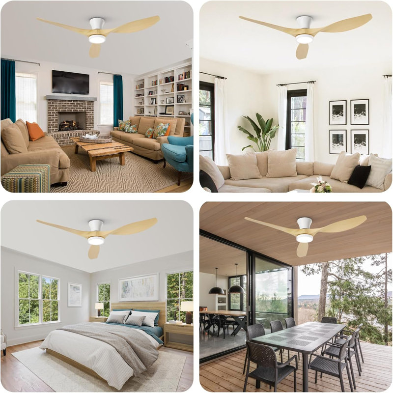 Jacara 52" Flush Mount Ceiling Fan with LED Light & Remote, White with Oak Wood Blades