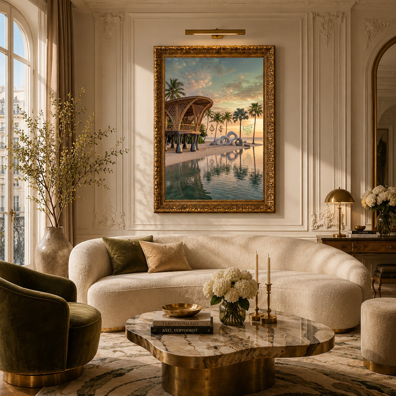 «Bamboo Pavilion on Tropical Beach at Sunset», art mural, H 18 po x l 12 po