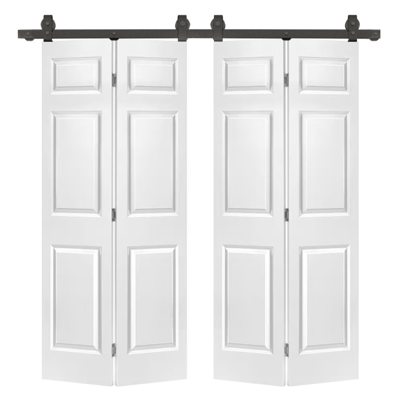 60 in. x 80 in. White Painted MDF Double Bi-Fold Barn Door with Sliding Hardware Kit