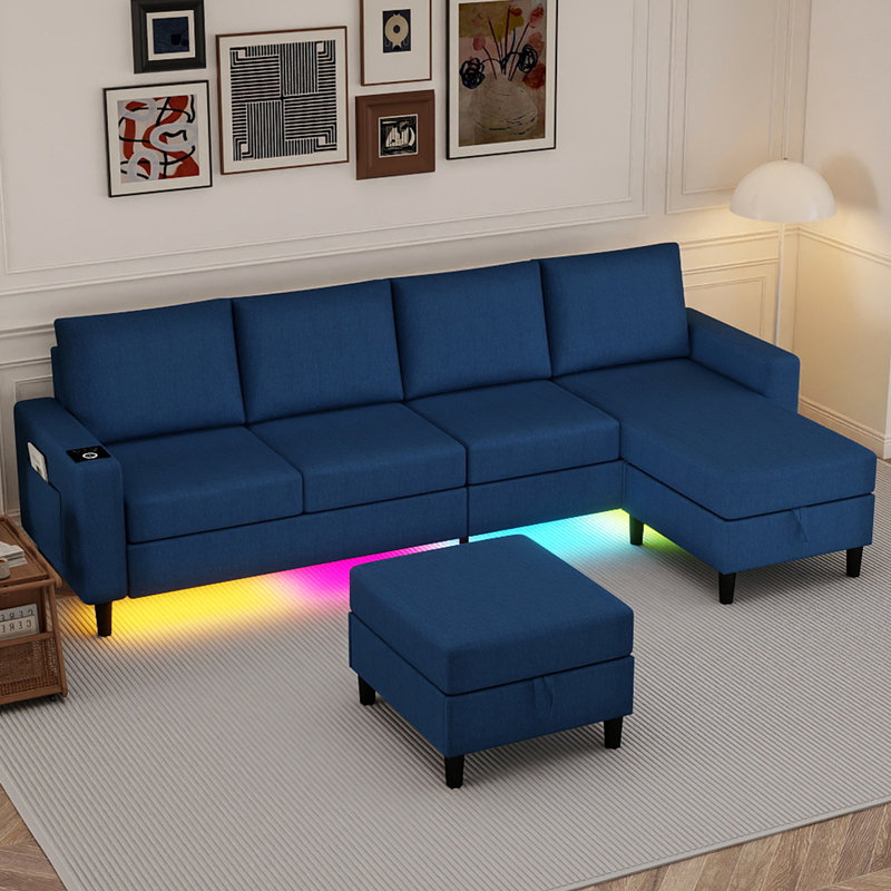 4-seater Linen Sectional Sofa With Smart Module-wireless Charging/usb/type-c/rgb Lights (blue), Blue