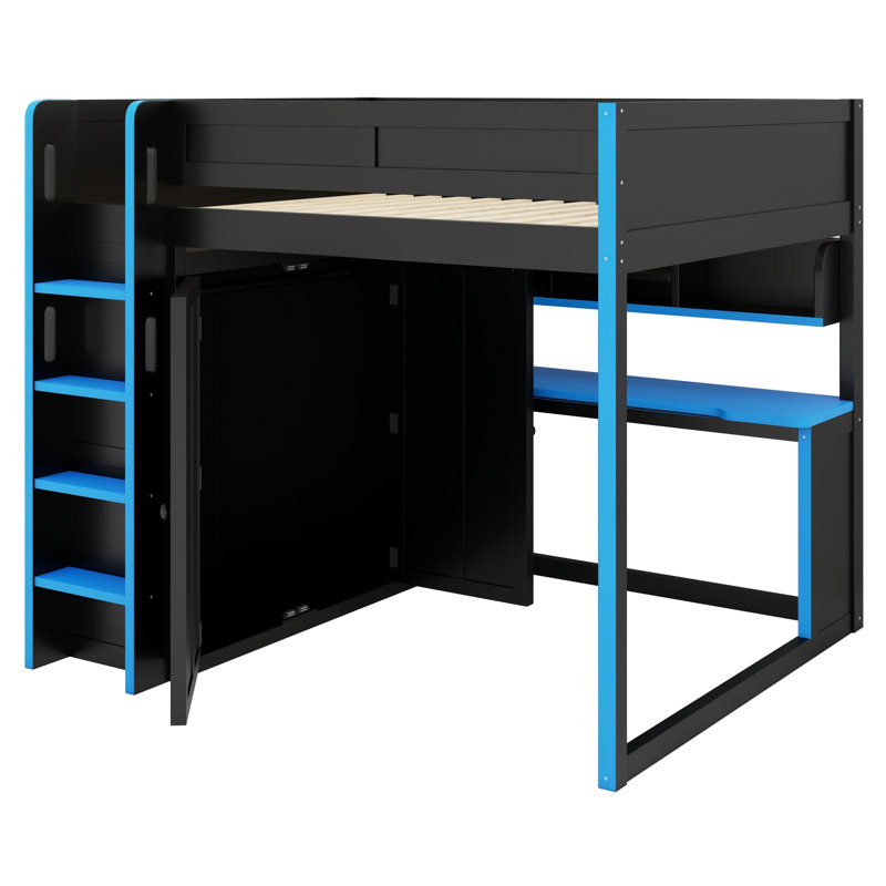 Le lit mezzanine avec armoire, bureau et éclairage offre un rangement optimisé et un style moderne pour la décoration de la chambre.