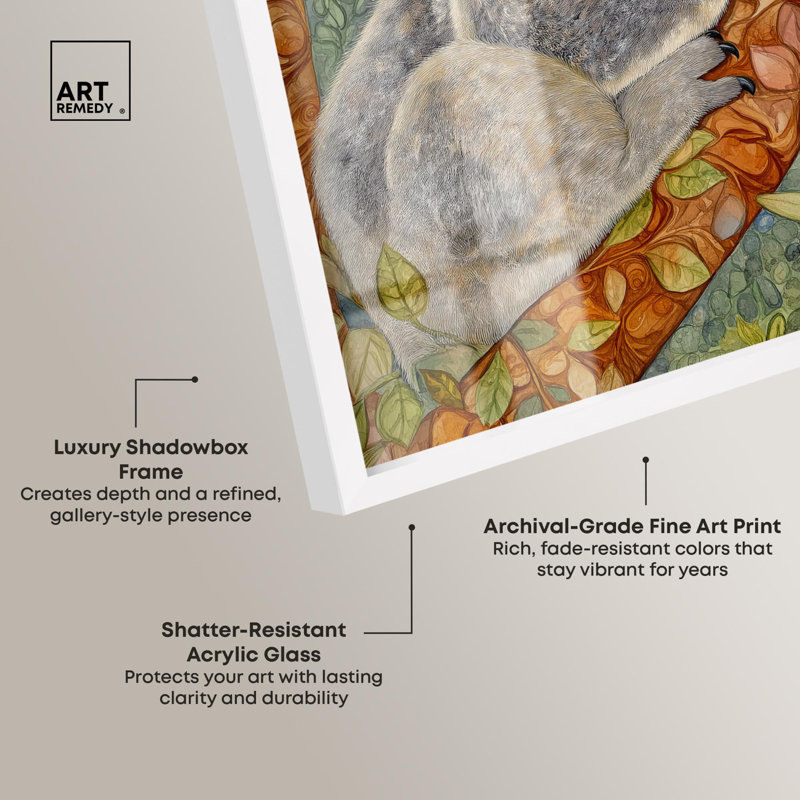 «Dreaming Koala Shadowbox Print» par Art Remedy, H 25 po x l 21 po, Blanc