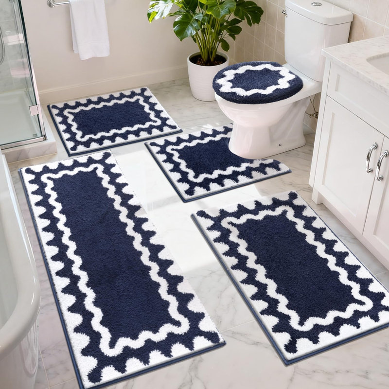 Scalloped Bathroom Rugs Sets 5 Piece, Absorbent Soft Non-Slip Washable Microfiber Shaggy Bath Mat Set with Bathroom Runner Rug, U-Shaped Toilet Rugs, Shower Rug&Toilet Lid Cover