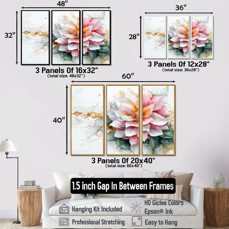 «Modern Dahlia Spring Muse II», art mural Dahlia - ensemble de 3, H 40 po x l 60 po, Impression encadrée sans passe-partout