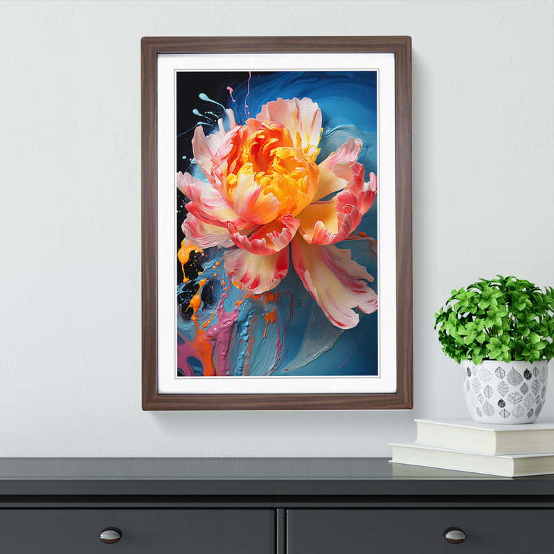 Peony Flower Expressionism - Single Picture Frame Print on Wood, Walnut Framed, 46cm H x 34cm W x 2cm D