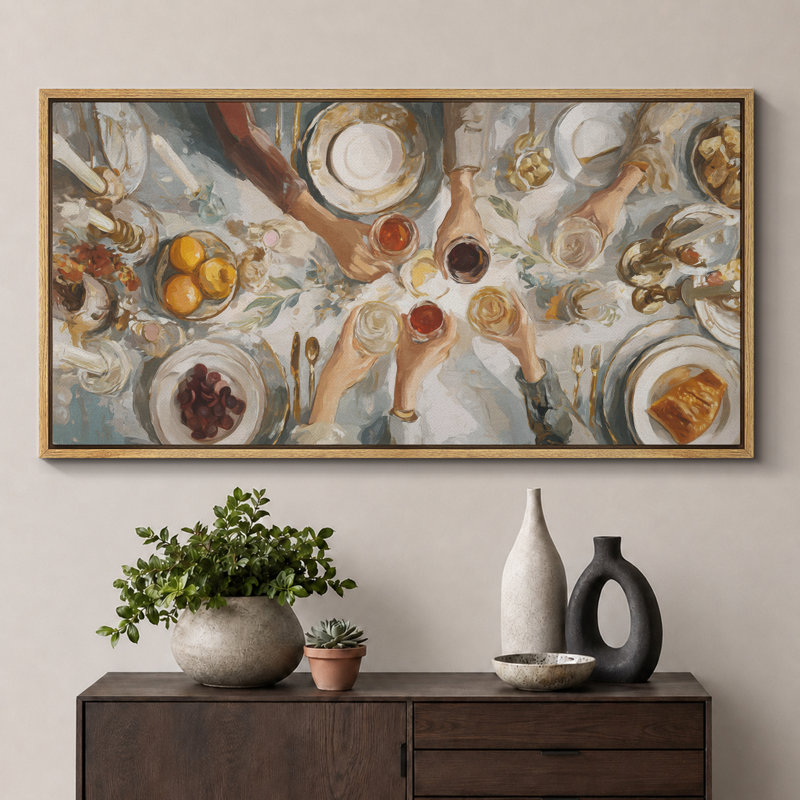 Neutral Toned Feast Celebration Artwork Extra Large Pictures Framed Canvas Print Wall Art, 30" H x 60" W, Natural