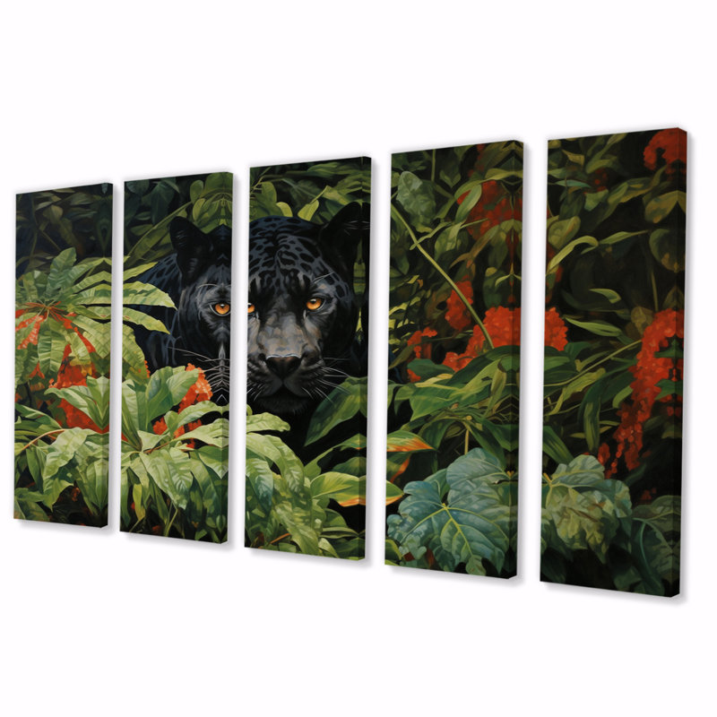 «Black Panther Jungle Roam», huile sur toile, 5 pièces