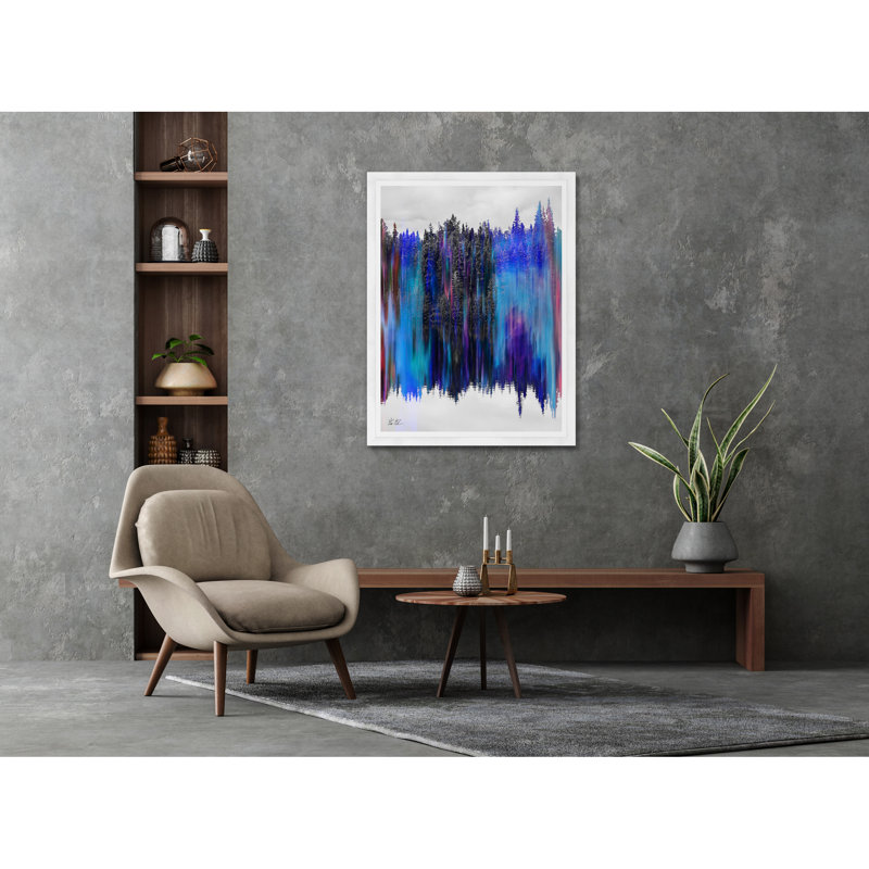 Paysage d'arbre réfléchissant en bleu, Cadre blanc, H 42 po x l 32 po x P 1,5 po, Lustre photo encadré