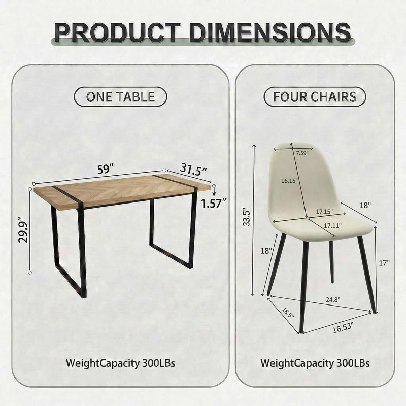 Modern Industrial 5-piece Dining Set, 59" Rectangular Table&4 Upholstered Chairs
