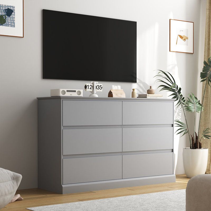 6 Drawer Double Dresser, 47.2" W Modern Wood Chest With Deep Drawers For Bedroom, Gray