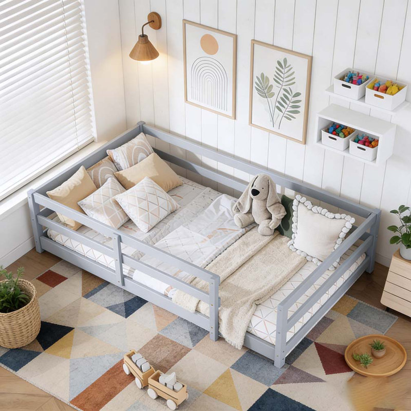 Lit sur pied, lit sur pied avec clôture Montessori, Gris, Lit simple