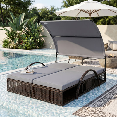 Double chaise longue d'extérieur à structure en acier - Lit de jour inclinable réglable à 5 positions avec auvent incurvé et table d'appoint cachée pour la piscine, la terrasse ou le jardin